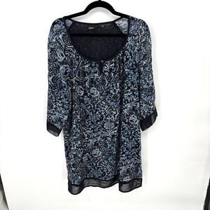 Avenue Womens Blouse Black Blue Floral Sheer 3/4 Sleeve Scoop Neck Size 18/20